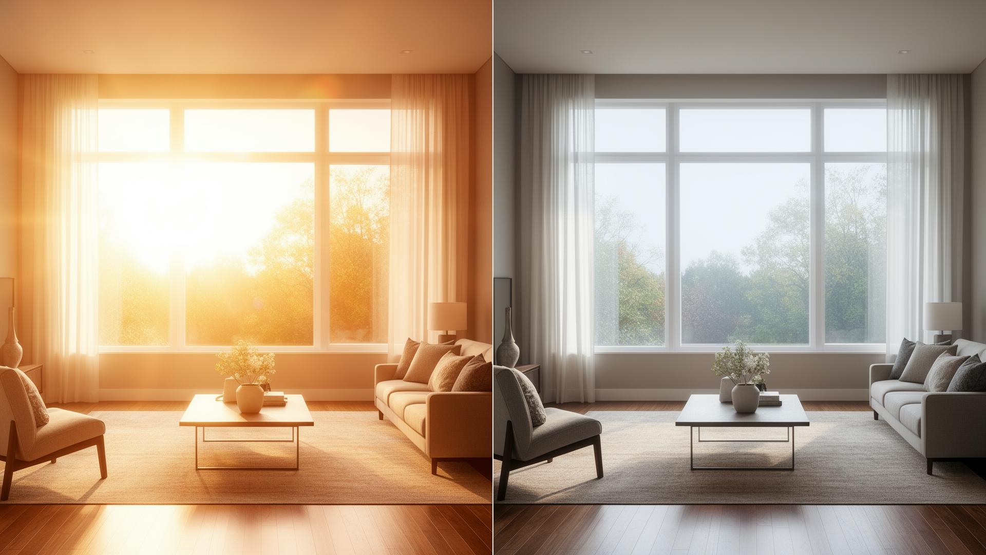 Residential window tinting in Dayton — living room before and after window film, showing reduced glare and even lighting